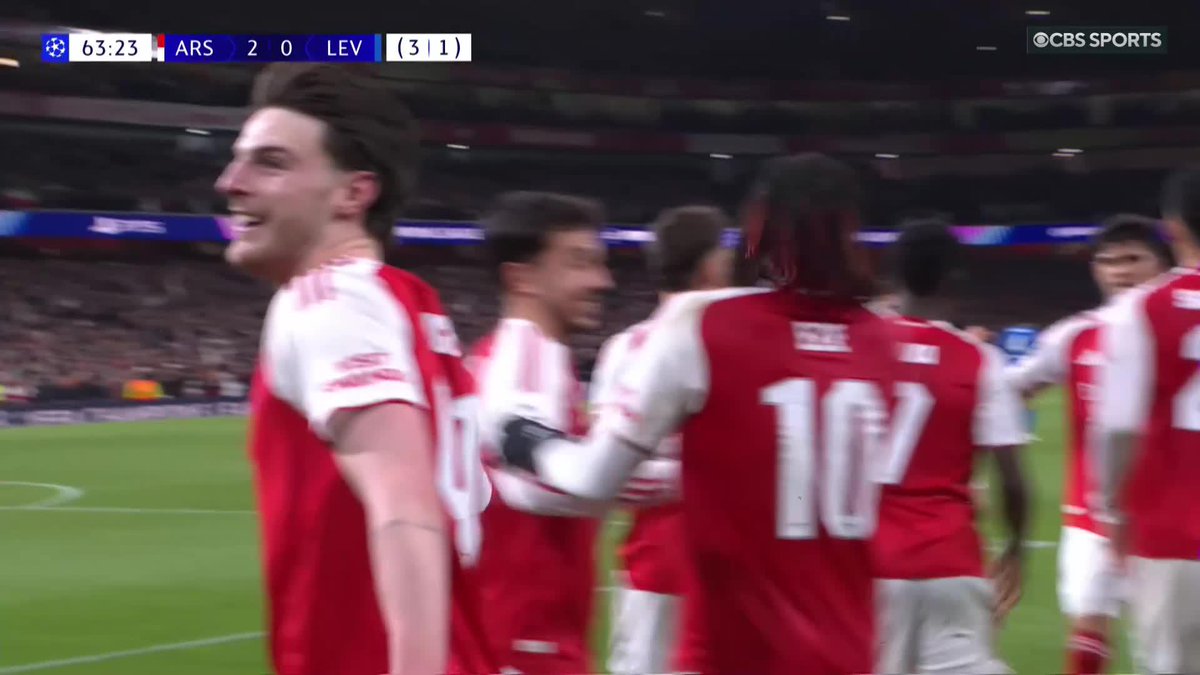 That’s quality from Declan Rice 👏 Arsenal find breathing room vs Bayer Leverkusen at the Emirates 🏟️🔥