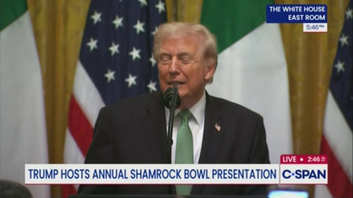 Trump: On this special day, we gather here to celebrate an incredible feat of friendship between Ireland and the wonderful place that we call the United States. We call it America. We took a little bit of a journey, a little bit of an excursion over the last two weeks because we thought we had to do something about very bad people that want to have nuclear weapons. We cannot allow that. They would have had it if we didn't send the b-2 bombers in seven months ago. A couple weeks after that. We cannot let that happen. We did a little excursion. We are way ahead of schedule.