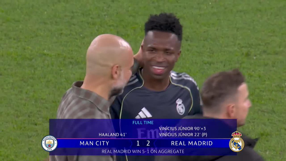 BUENA ONDA Y COMPLICIDAD: así fue el saludo entre Pep Guardiola y Vini luego del triunfo del Real Madrid al City en los octavos de final de la #CHAMPIONSxESPN. 📺 Toda la #UCL por #DisneyPlus Plan Premium