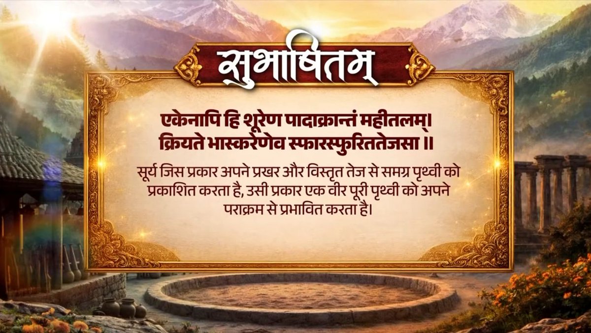 वीरता और पराक्रम वो पूंजी है, जिससे हर कठिनाई का सामना किया जा सकता है। भारत के युवाओं का साहस और आत्मविश्वास इसी की प्रेरणा देता है। एकेनापि हि शूरेण पादाक्रान्तं महीतलम्। क्रियते भास्करेणेव स्फारस्फुरिततेजसा ॥