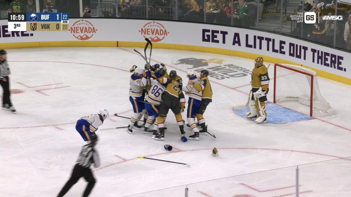 THIS TEAM STICKS UP FOR EACH OTHER Ostlund and Tage sprint in after Benson is hit VERY VERY VERY late after his shot Should be a Sabres power play after Benson left the ice in some discomfort Hoping he is okay