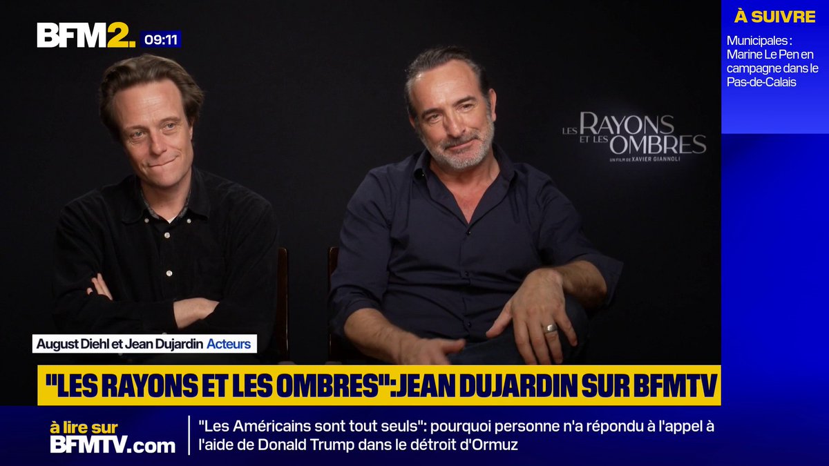 "Je ne savais pas comment incarner un personnage comme ça. Je ne savais pas si j'étais le bon acteur pour pouvoir faire ça":Jean Dujardin évoque ses doutes au micro de BFMTV, avant d'accepter son rôle dans le film "Les rayons et les ombres",de Xavier Giannoli, en salle ce 18 mars