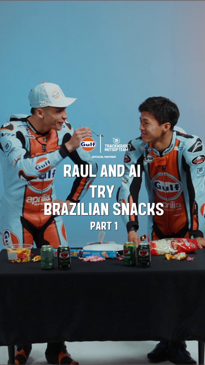 Next stop for Trackhouse MotoGP: Brazil 🇧🇷 Raúl and Ai try local snacks… not all of them go down well 👀 #GulfOil #MotoGP #BrazilianGP