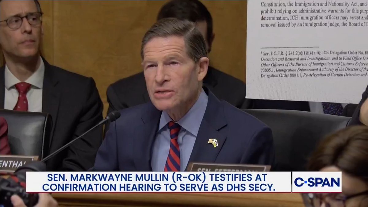 .Richard Blumenthal: "Will you commit to me…that ICE will no longer instruct ICE agents to break into peoples homes without a judicial warrant?" Secy. Mullin: "We will not enter a home or place of business without a judicial warrant unless we are pursuing an individual..."