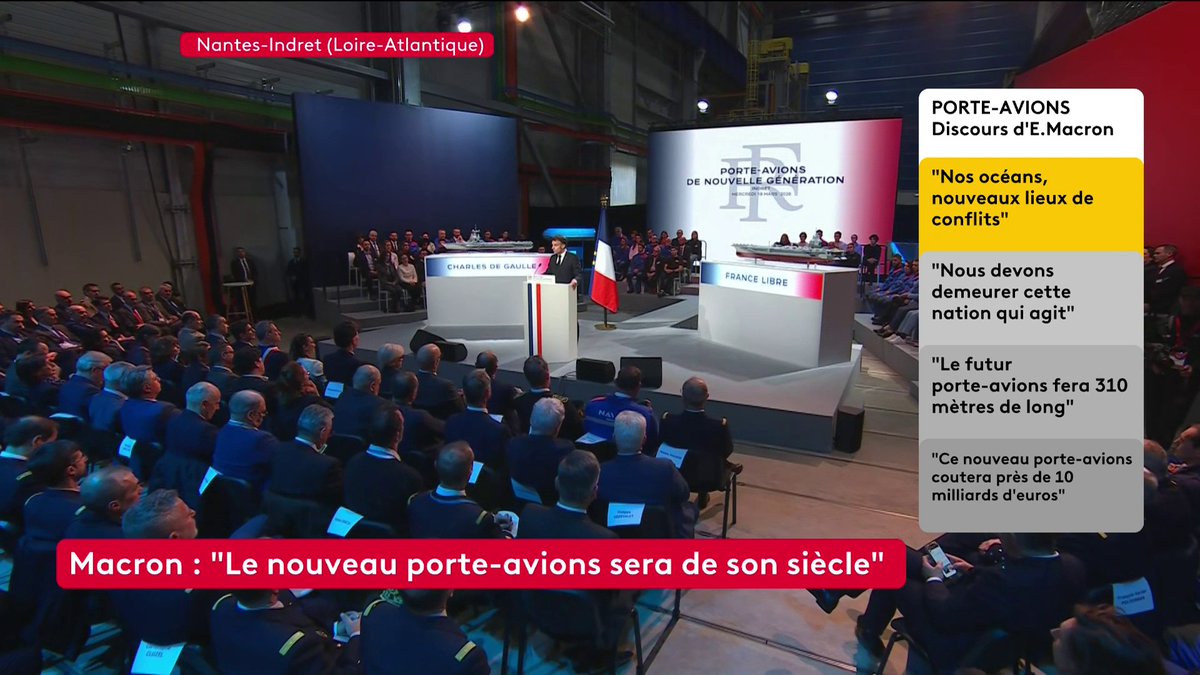 🔴 🗣 Le nouveau porte-avions français “portera le nom de "France libre"", dévoile Emmanuel Macron. “Dans ce nom passe la mémoire des femmes et des hommes qui se sont dressés face à la barbarie”, précise le président de la République.