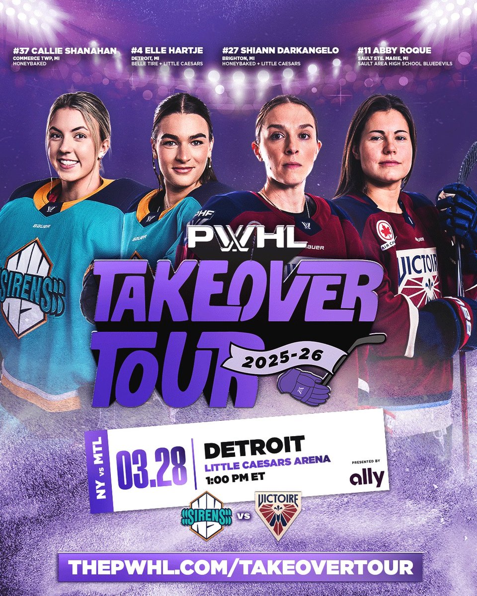 Professional Women’s Hockey is coming back to the Motor City! Watch Michigan-native Abby Roque &amp; xz - Victoire de Montréal face-off against fellow Michigander Elle Hartje &amp; New York Sirens at Little Caesars Arena on March 28! Don't miss PWHL Takeover tour! 🎫