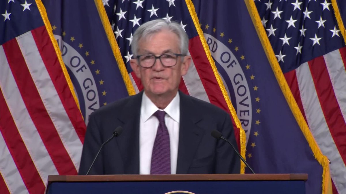 Federal Reserve Chair Jerome Powell says the Fed is in a "difficult situation" and needs to balance current risks during a news conference after the central bank's policy-setting Federal Open Market Committee to leave interest rates unchanged