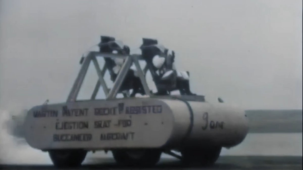 Footage from 1964 aboard the Ark Royal of a Market-Baker ejection seat, Mark 7, trails using a mocked up Buccaneer cockpit with under-seat rockets, created to extend ejection acceleration from 6 ft to ~120 ft, slashing forces while enabling safe zero-zero ejections—allowing a pilot to eject safely while standing still on the ground or while descending rapidly close to the ground. Of course, a World‘s first.🫡