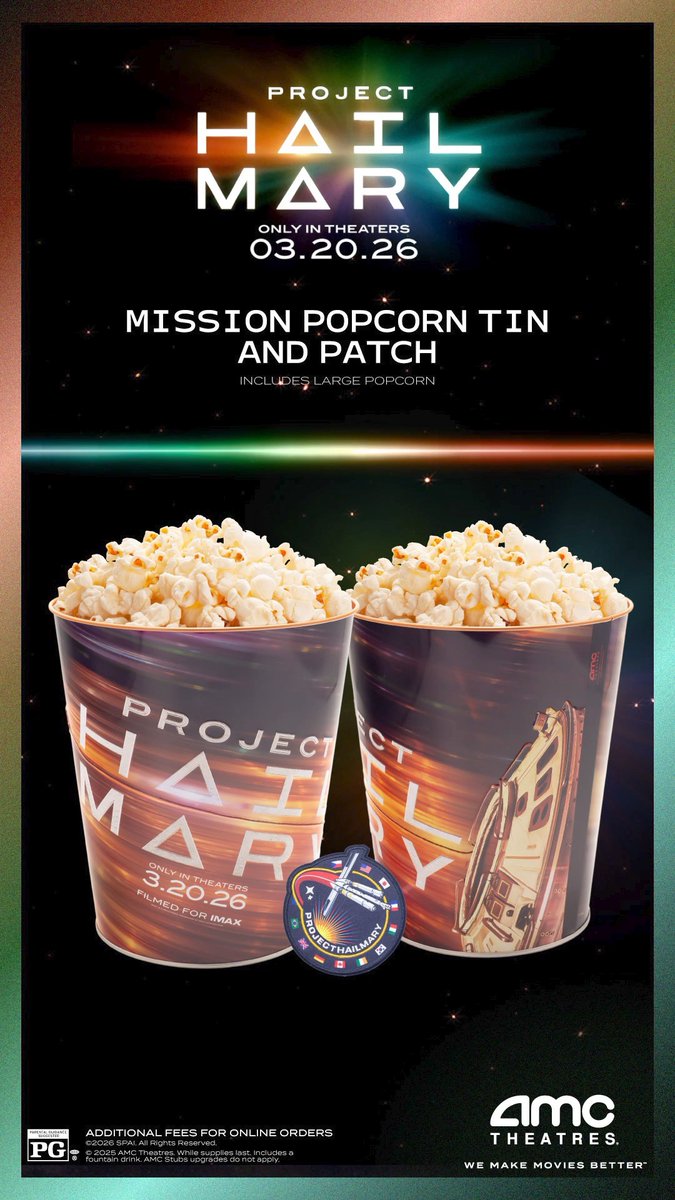AMC Theatres are selling a Project Hail Mary themed popcorn bucket and it comes with an actual mission patch with a velcro backing. That’s exactly the kind of souvenir people want.
