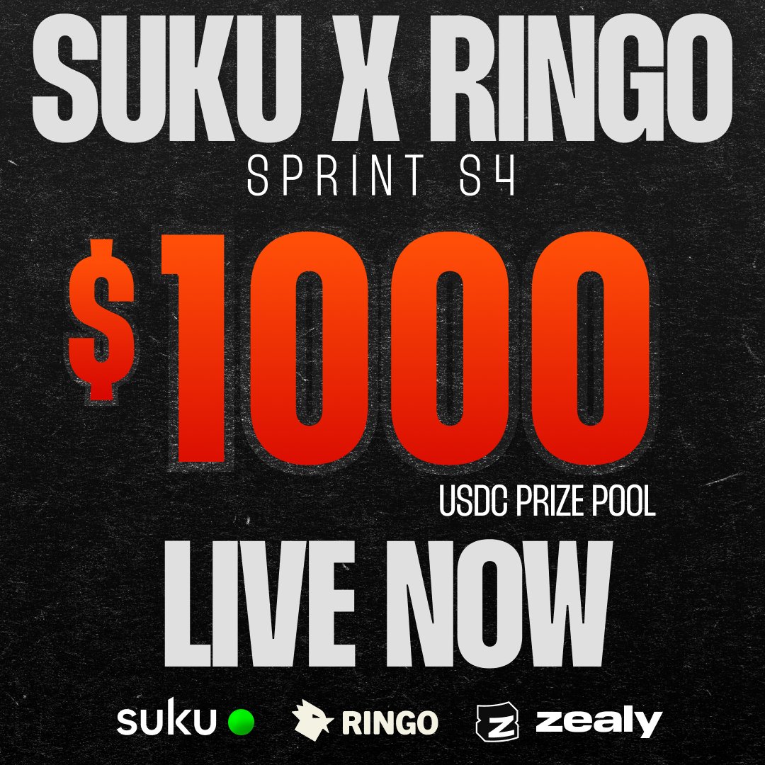 Season 4 of our Zealy sprint with Suku is LIVE! 🎉 Learn how to turn your predictions into P2P challenges on X, and compete for a share of $1,000 USDC! 🎁 $1,000 USDC 🎈 25 winners ⏱️ Mar 18 - Apr 08 📍 Join here: