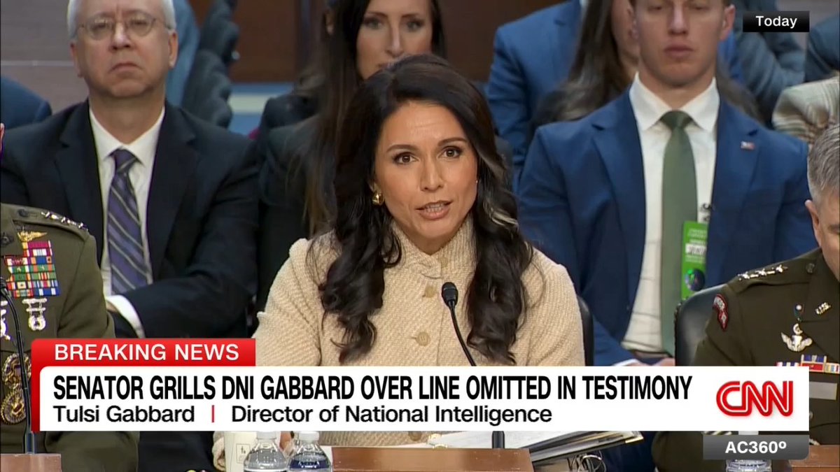 Democratic Senator Mark Warner questions DNI Tulsi Gabbard's testimony before the Senate Intelligence Committee today after she omitted a line from her prepared remarks that contradicted President Trump.