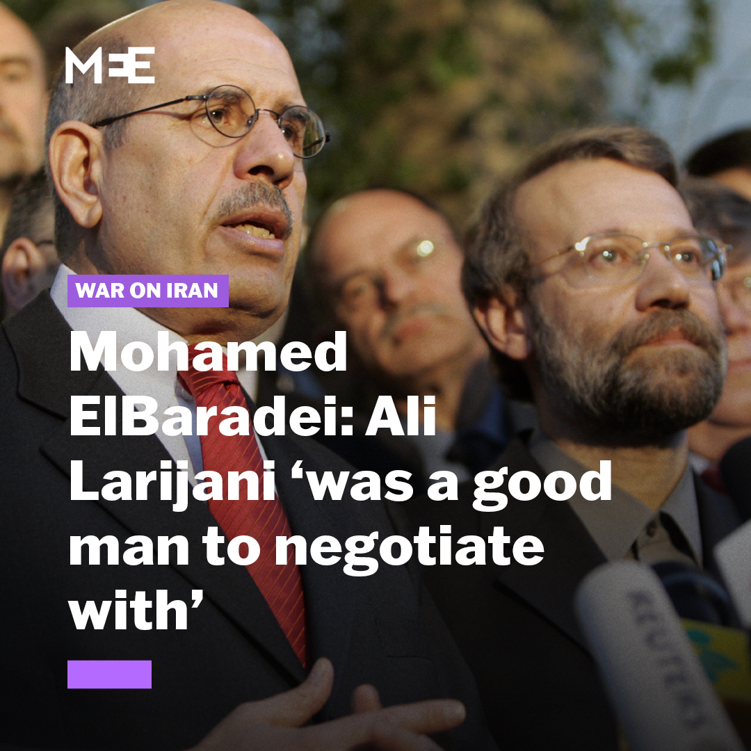 In a recent interview on The David Hearst Podcast, Dr Mohamed ElBaradei, the former director-general of the International Atomic Energy Agency, spoke about Iran’s security chief, Ali Larijani, who was recently killed in an Israeli strike. ElBaradei characterised Larijani as both a hardliner and a pragmatist, noting his capacity for serious philosophical reflection and effective negotiation. The full episode of The David Hearst Podcast featuring Dr Mohamed ElBaradei will be available soon on Middle East Eye’s platforms