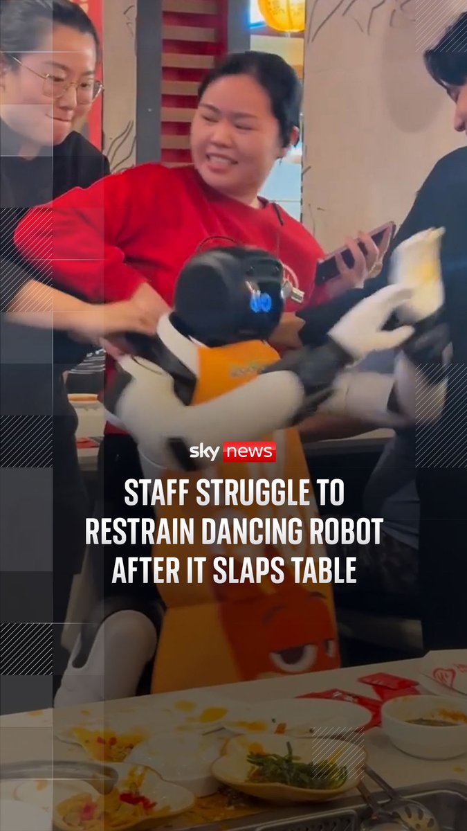 Video shows staff at a restaurant in California step in to restrain a robot after it knocks items from a table during a dancing performance. Latest videos ➡️