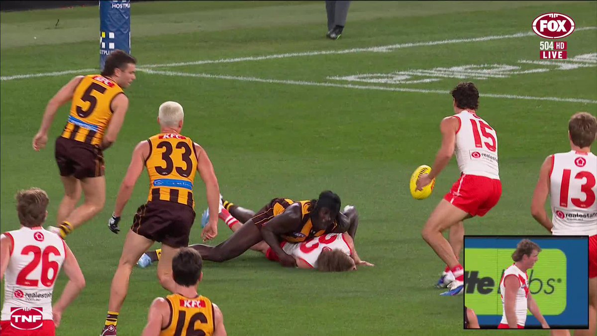 Nick Blakey was worse for wear after this Mabior Chol tackle in the forward 50. 📺 Watch #AFLHawksSwans on ch.504 or stream on Kayo: ✍️ BLOG 🔢 MATCH CENTRE