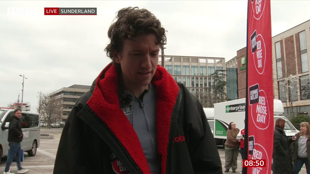 BBC Radio 1 DJ Greg James has said he is putting on a "brave face" as he cycles across the UK to raise money for Comic Relief while his father is in hospital recovering from a stroke. The broadcaster, who is on the penultimate day of his eight-day challenge travelling 1,000km on a tandem bike from Weymouth to Edinburgh, spoke to #BBCBreakfast