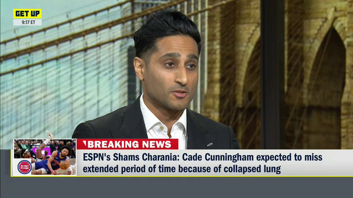.Shams Charania breaks the news that Cade Cunningham will miss an extended period of time with a collapsed lung.
