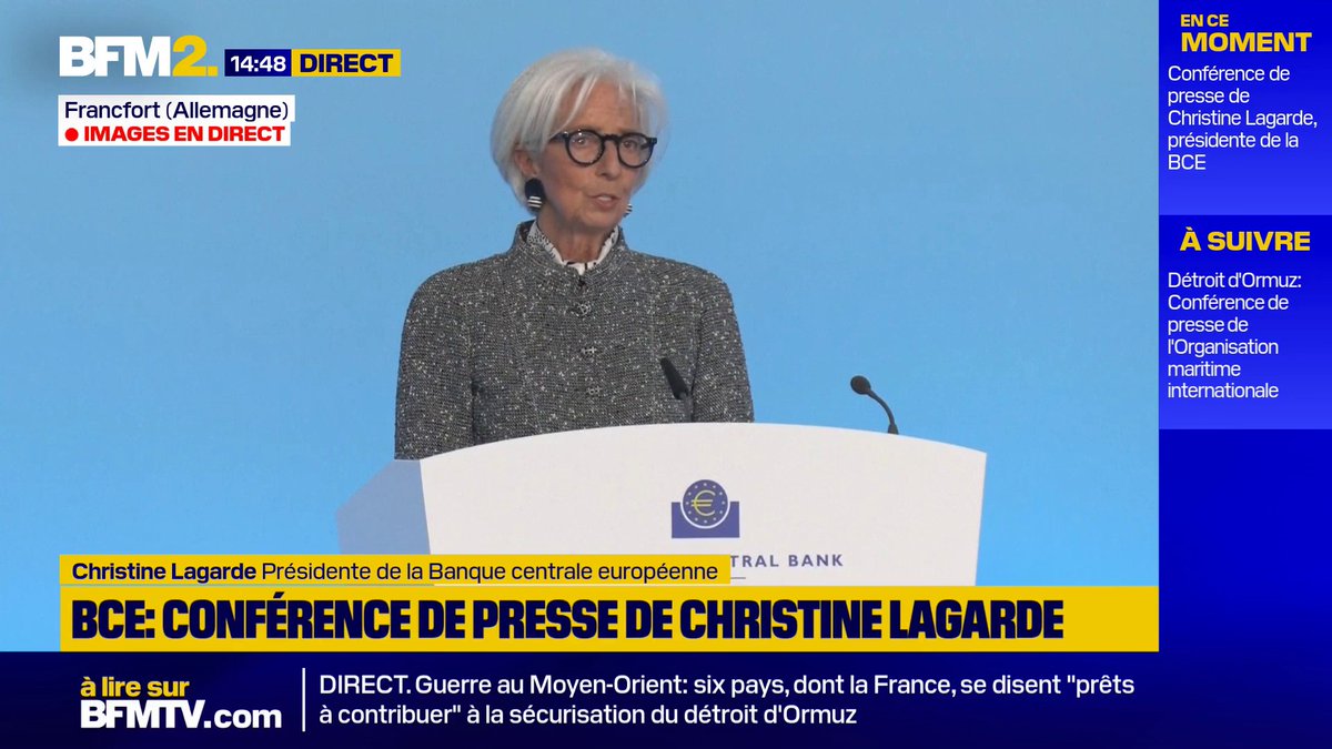 💬"La guerre au Moyen-Orient perturbe les marchés des matières premières et pèse sur les revenus réels" Christine Lagarde, présidente de la Banque centrale européenne, prévoit une inflation plus forte et une croissance plus faible en 2026 #BFM2