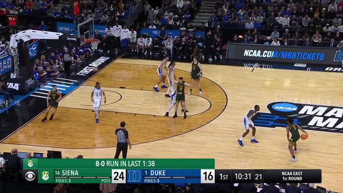 SIENA ERUPTS ON A 10-0 RUN. They've taken control vs. Duke 😳
