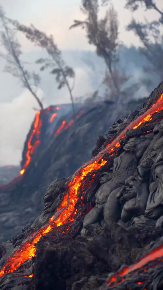 Le splendide colate pāhoehoe del Piton de la Fournaise: lava basaltica calda e fluidissima, con superficie liscia, quasi pellicolare. È quella che spesso ammiriamo alle Hawaii, in Islanda e in alcuni casi anche sull'Etna. 📹 Dorian.Poix
