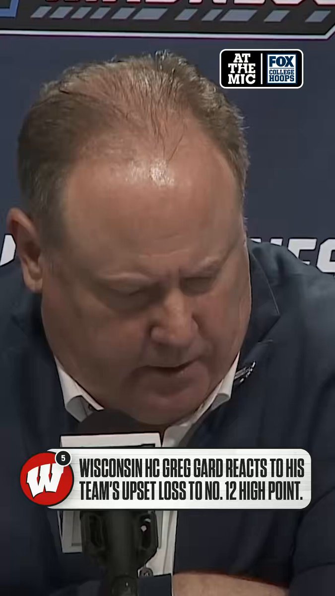 Wisconsin HC Greg Gard reacts to his team’s upset loss to No. 12 High Point in the NCAA Tournament.