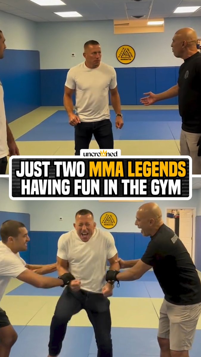 Georges St-Pierre being scared to let Royce Gracie shock him is the most wholesome interaction you'll see today ⚡️😄