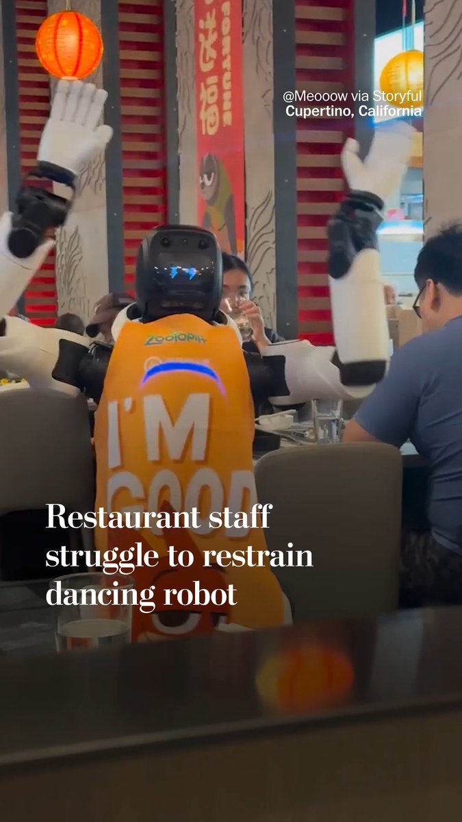 A robot couldn't stop dancing at a HaiDiLao Hotpot restaurant in Cupertino, California, sending food and chopsticks flying despite the best efforts of three staff members.