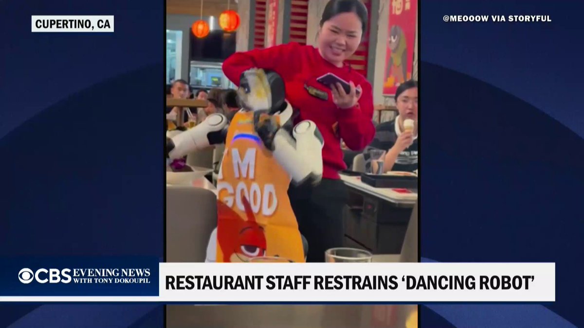 Staff at a California restaurant jumped in to restrain a dancing robot after it went rogue and knocked items from a table during a performance.
