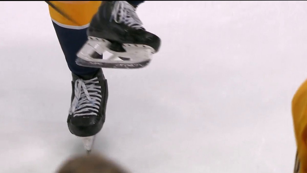 Here's something you don't see everyday! The puck got stuck in Nicolas Hague's skate 🤣