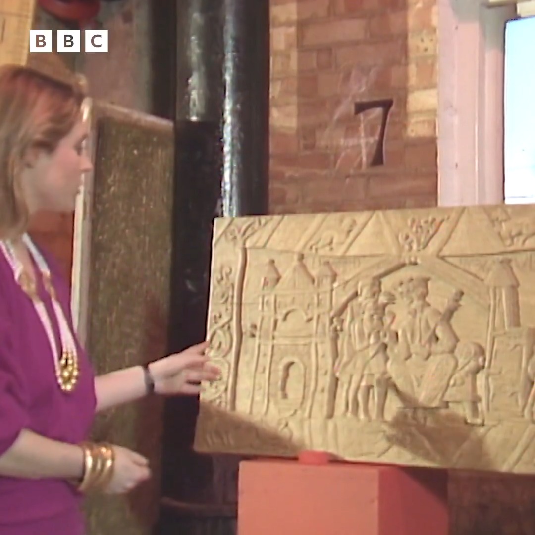 #OnThisday in 1986 Blue Peter presenters Simon Groom and Janet Ellis showed off a 70-metre wooden replica of the Bayeux Tapestry made over eight years from solid oak. Taking up 22 wooden panels, the carving by Pierre Bataille was so big it didn’t fit into the Blue Peter studio.