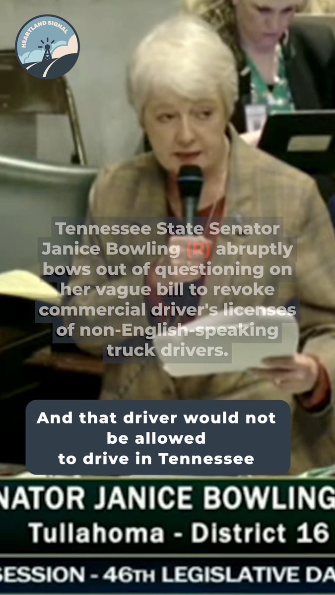 Tennessee State Sen. Janice Bowling (R-Tullahoma) abruptly bows out of questioning on her vague bill to revoke commercial driver's licenses of non-English-speaking truck drivers. BOWLING: "And I'm assuming you're a no on this legislation, and I would appreciate it if we could stop the questioning because the questions are all going to be answered the same. SEN. JEFF Jeff Yarbro (D): "I've never been in a situation where we're moving for question when we're still trying to get, I'm really trying to get basic information about this legislation, because I think it is pretty complicated."