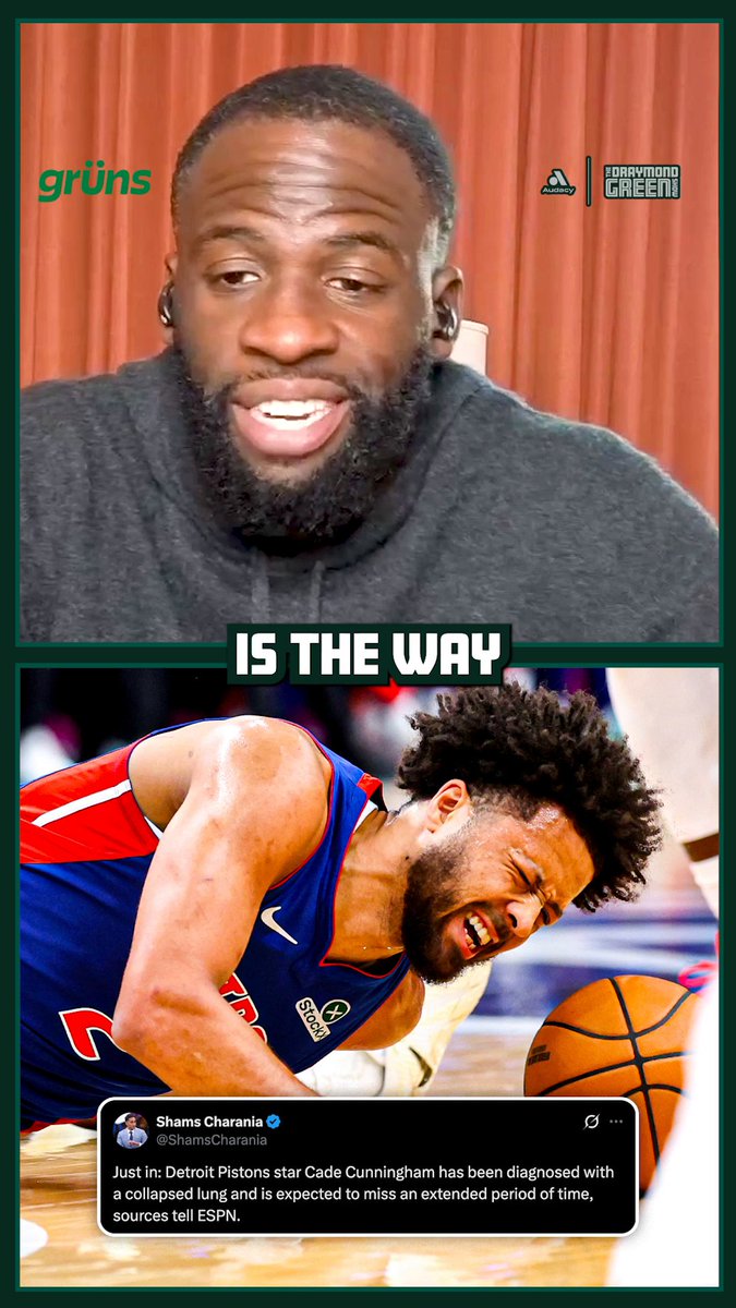 Draymond reacts to news of Cade Cunningham missing an extended period of time with a collapsed lung "Crushed is the way that I felt...I hope and pray that he can at least get back for the last 4 games of the season... he's done everything right and he's gonna miss All-NBA because of this dumba** rule that does not fix the issue " via The Draymond Green Show, Presented by Grüns
