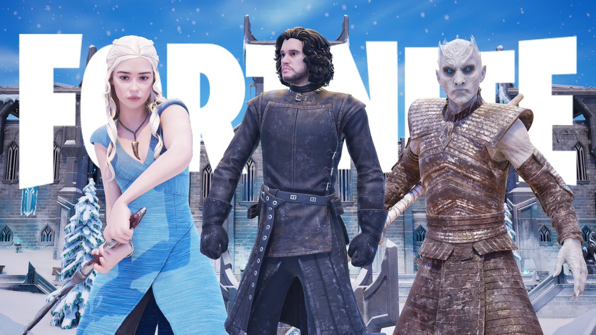 First look at the Game of Thrones x Fortnite gameplay, featuring Daenerys, Jon Snow and the Night King with their accessories! Available in store tonight!