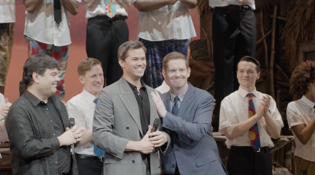 To celebrate THE BOOK OF MORMON’s 15th anniversary, creators Matt Stone, Trey Parker, and Robert Lopez were joined onstage by original Broadway company members Andrew Rannells and Rory O’Malley, and show alumni all over the theater for a special reprise performance.