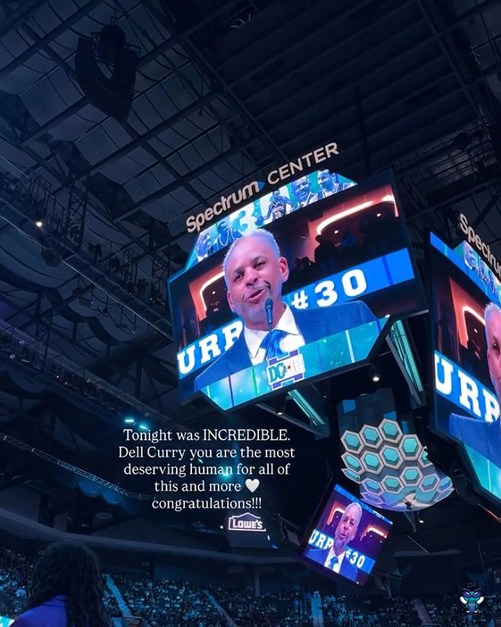 Former Charlotte Hornets sideline reporter Ashley ShahAhmadi attended Dell Curry's jersey retirement ceremony, and she brought a special guest! ๐ฅน (๐น Ashley ShahAhmadi)