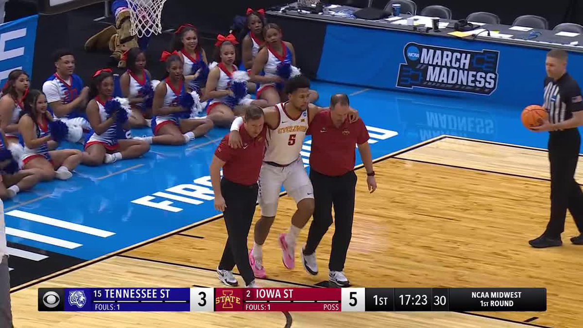 Iowa State's Joshua Jefferson was helped off the floor after an apparent ankle injury