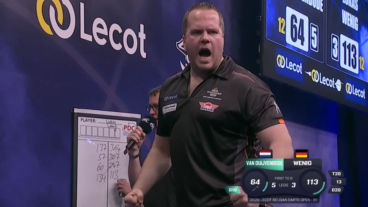 VICTORIOUS VAN DUIJVENBODE! Dirk van Duijvenbode closes the curtain on a thrilling evening session in Wieze, sealing his place in round two with a 6-3 win over Lukas Wenig! 📺 #ET3
