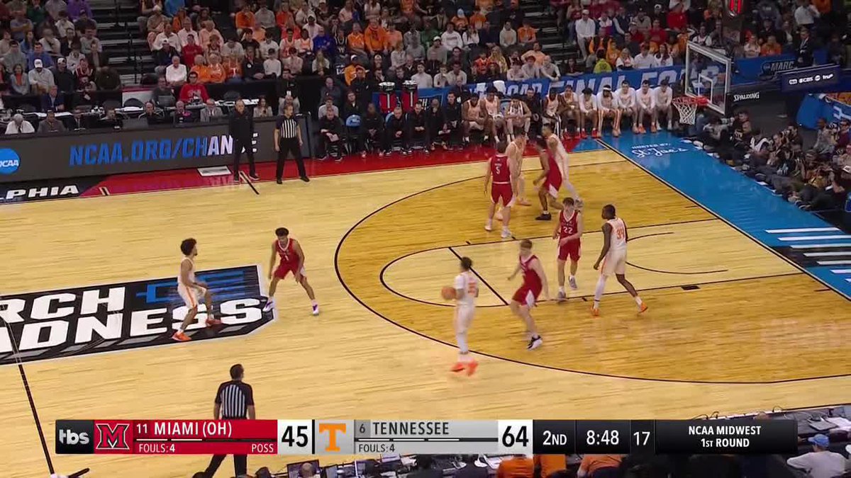 The officials appeared to call a travel on Tennessee in the closing moments, but Rick Barnes called a timeout beforehand. Substitutions entered the game for the closing moments right after.