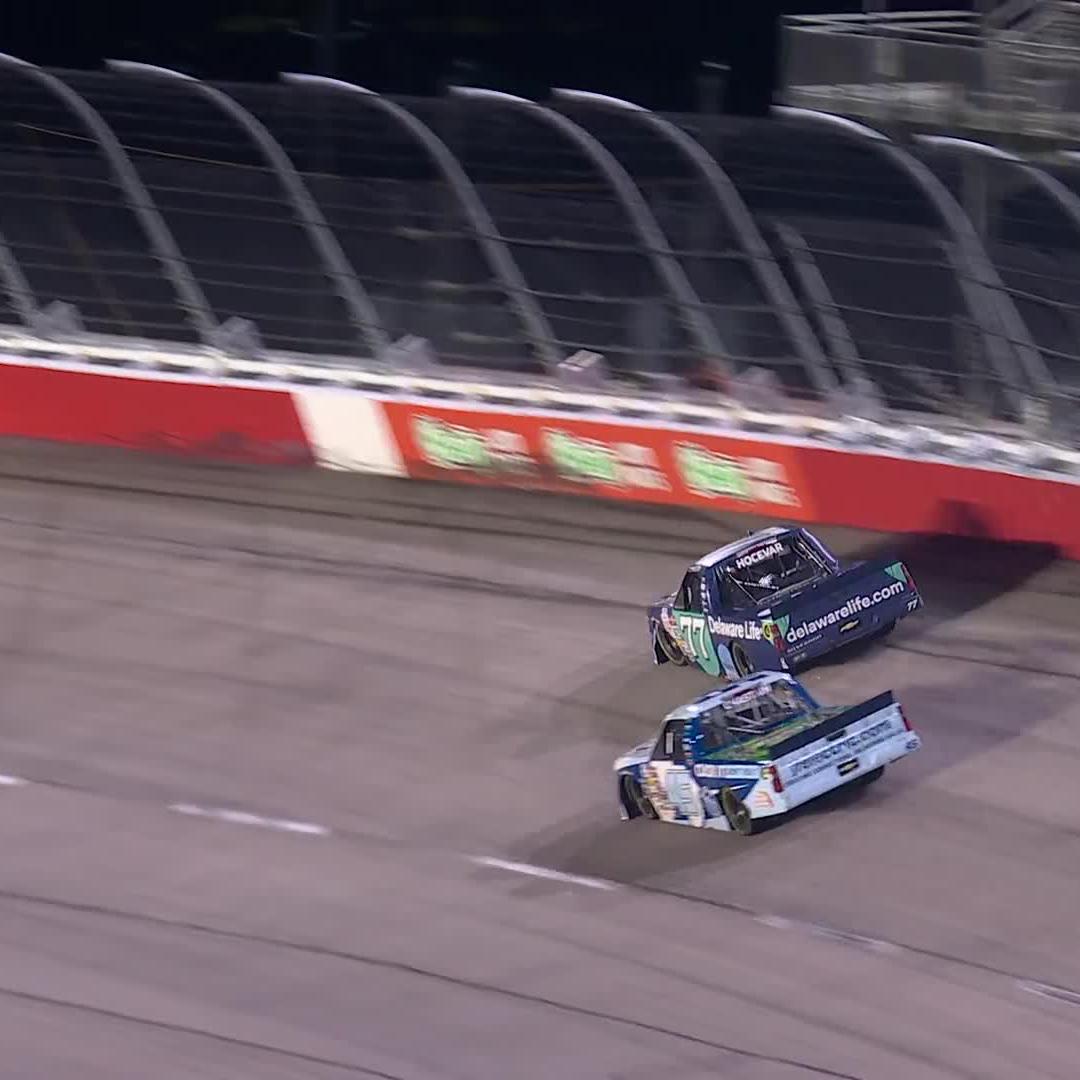 Hocevar has a problem while leading! The yellow flag waves on Lap 144.
