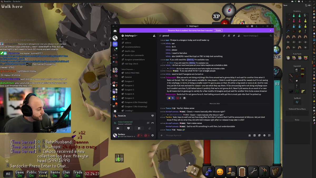 Sodapoppin has decided to delay OnlyFangs “We’re gonna delay it & wait for another time when it feels not forced..TBC hardcore just seems unviable for new players..in terms of doing a smaller event, I’m gonna pass on that..for now I’m just gonna let it rest & wait for classic plus & see what they say there” “Im gonna do variety for a few months” (Via Sardaco on Twitch)