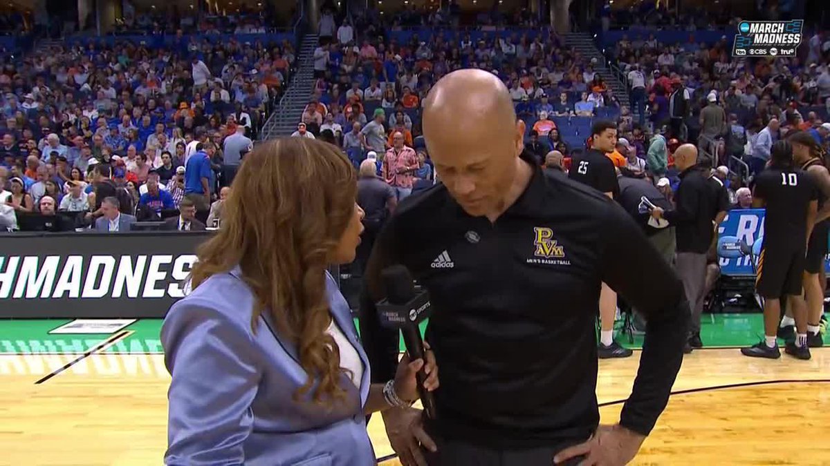 AJ Ross: "Coach, Florida on an 18-0 run here. What more do you need from your guys to slow this down and get into their game?" Prairie View A&amp;M coach Byron Smith: "We need some help from the lord. They're very good..." #MarchMadness