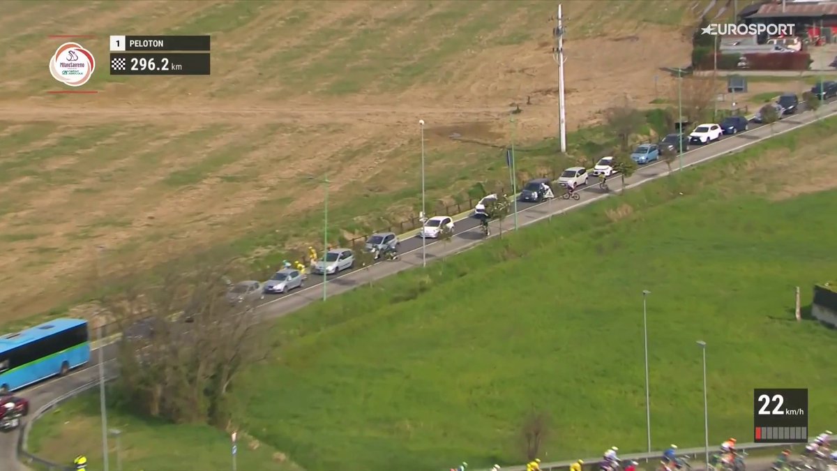 Première image de ce #MilanoSanRemo : la première tentative d’échappée s'est trompée de route, quelques mètres devant le peloton. La voiture de l’organisation a également pris la mauvaise direction