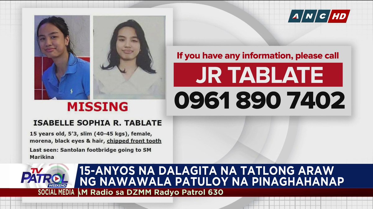 Nananawagan ang ama ng 15-anyos na Grade 9 student sa Pasig City na tatlong araw nang nawawala. Huling paalam ng dalagita, pauwi na siya mula sa kaniyang paaralan sa Quezon City.
