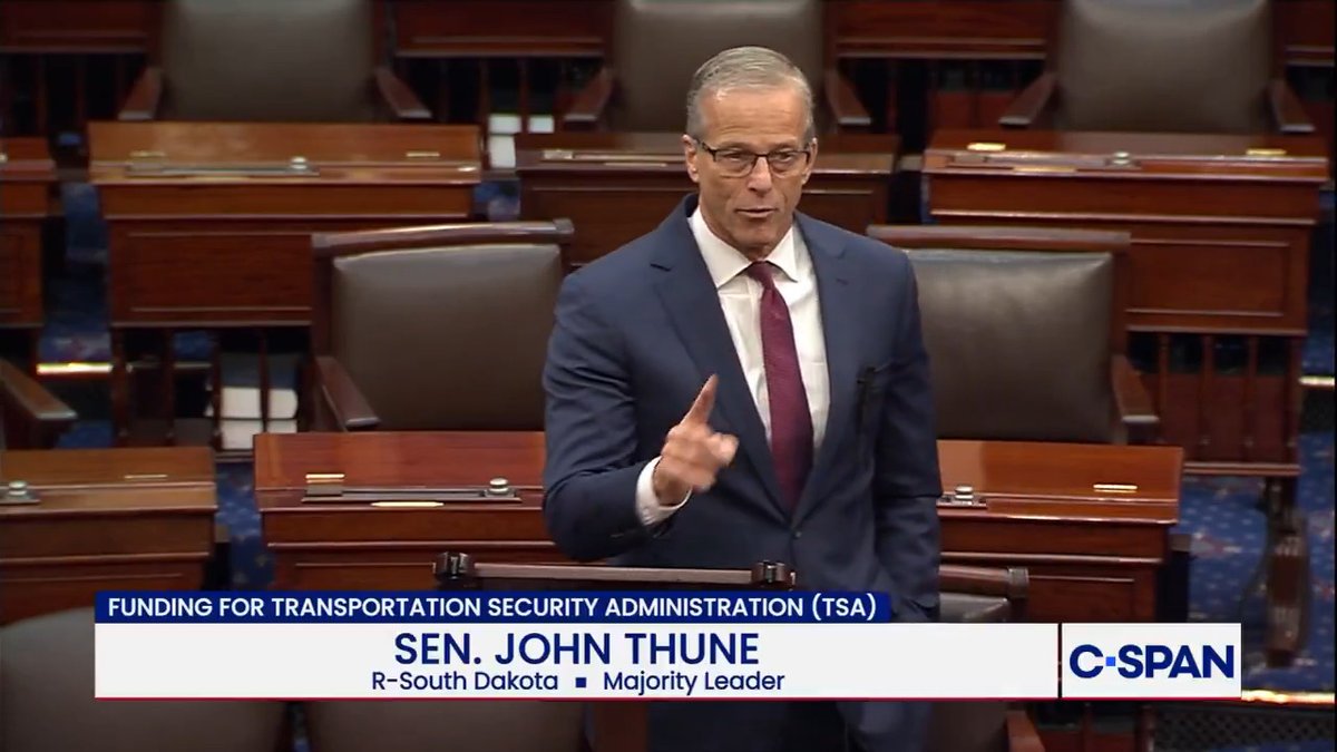 .Chuck Schumer and Leader John Thune debate the ongoing DHS shutdown. Sen. Schumer asks for a motion to proceed to an amendment to only fund TSA but is blocked by Majority Leader Thune. Sen. Thune said that this motion was a “ploy” and asked to fund the whole department.