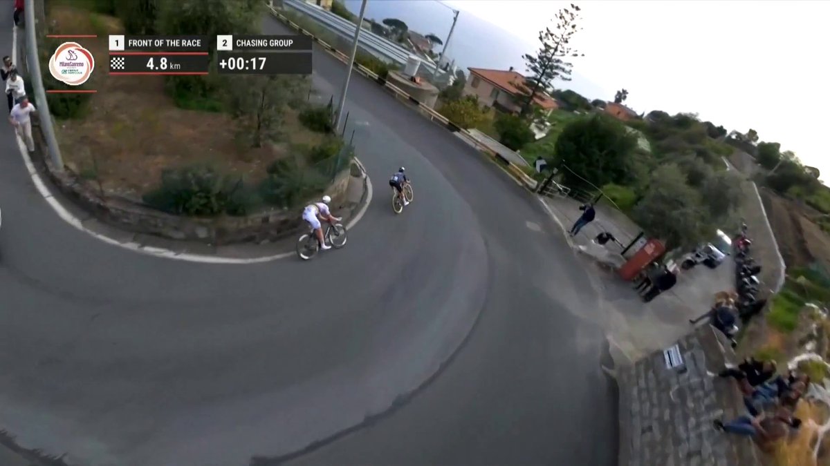 La vista de dron se llama 𝐅𝐄𝐋𝐈𝐂𝐈𝐃𝐀𝐃 💥 🫡 La mejor perspectiva para el Pogacar-Pidcock que acabó dando la #MilanoSanRemo al vigente campeón del mundo