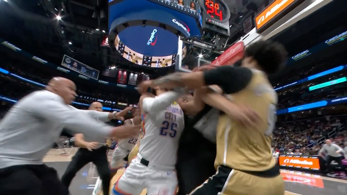 A fight breaks out between OKC and Washington following a made basket 😳