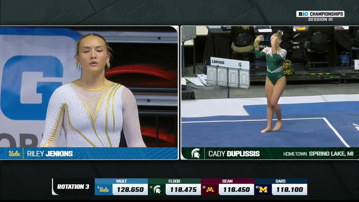 RILEY JENKINS STICK! It's her third stick in a row and a career-high 9.950!!! 📺: Big Ten Network #GoBruins