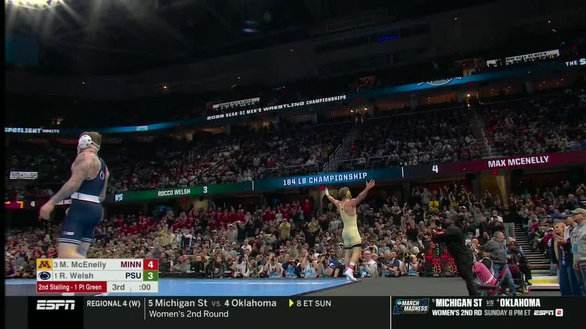 Minnesota's first 184-pound champion 🤯 Minnesota Wrestling's Max McEnelly hands Rocco Welsh his first loss to win the #NCAAWrestling crown. 📺: ESPN