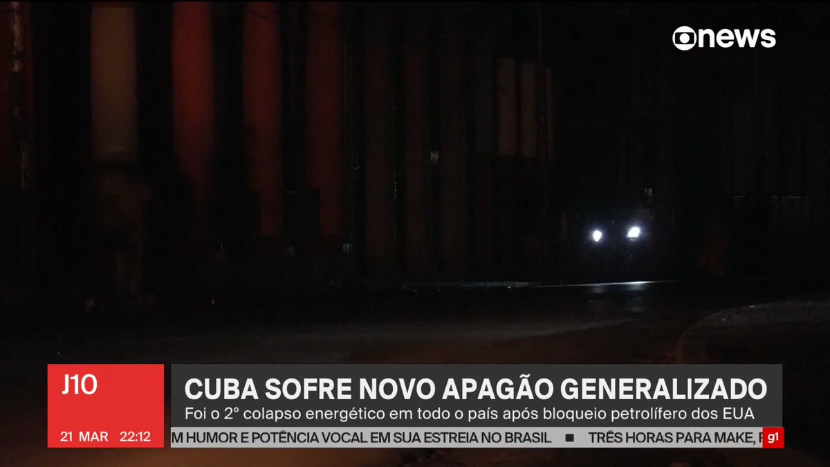 Um novo apagão nacional atingiu Cuba neste sábado (21). Segundo o Ministério da Energia, houve uma “desconexão total” da rede elétrica por volta das 18h45. É o segundo blecaute em menos de uma semana no país. ➡ Assista: #GloboNews #J10