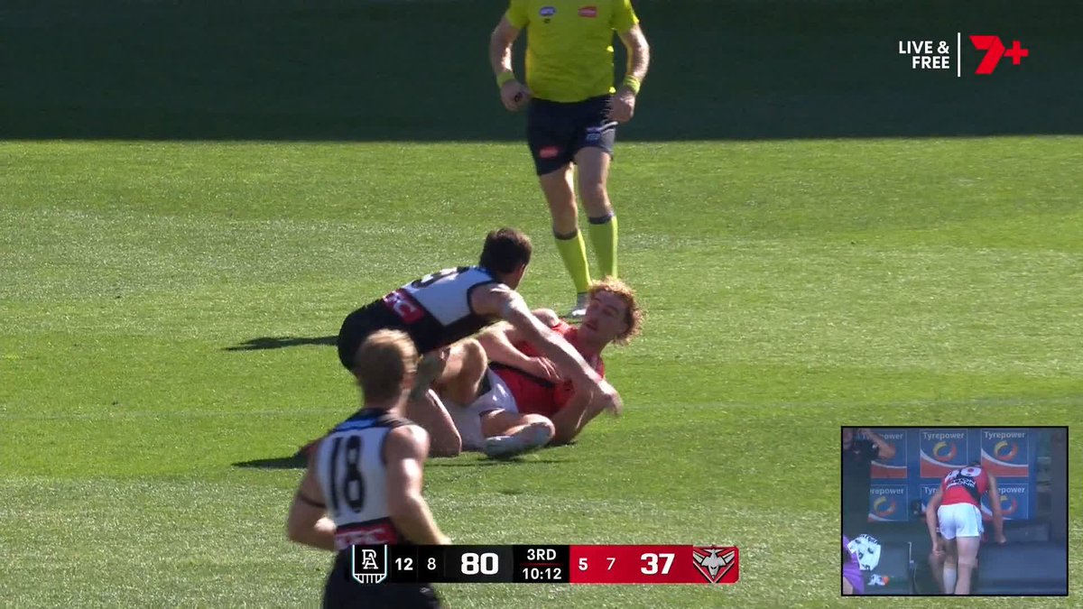 Dyson Sharp went down to the rooms and has not returned following this incident with Zak Butters. #AFLPowerDons