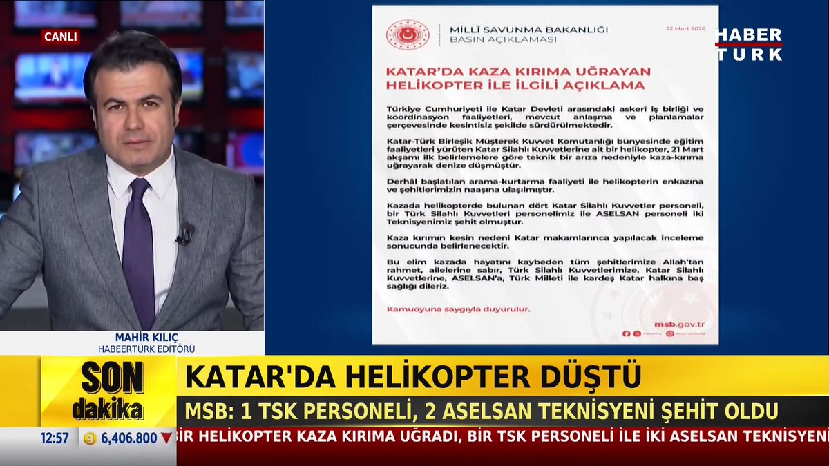 #SONDAKİKA - Katar'da helikopter düştü. 📌MSB: 1 TSK personeli, 2 ASELSAN teknisyeni şehit oldu.